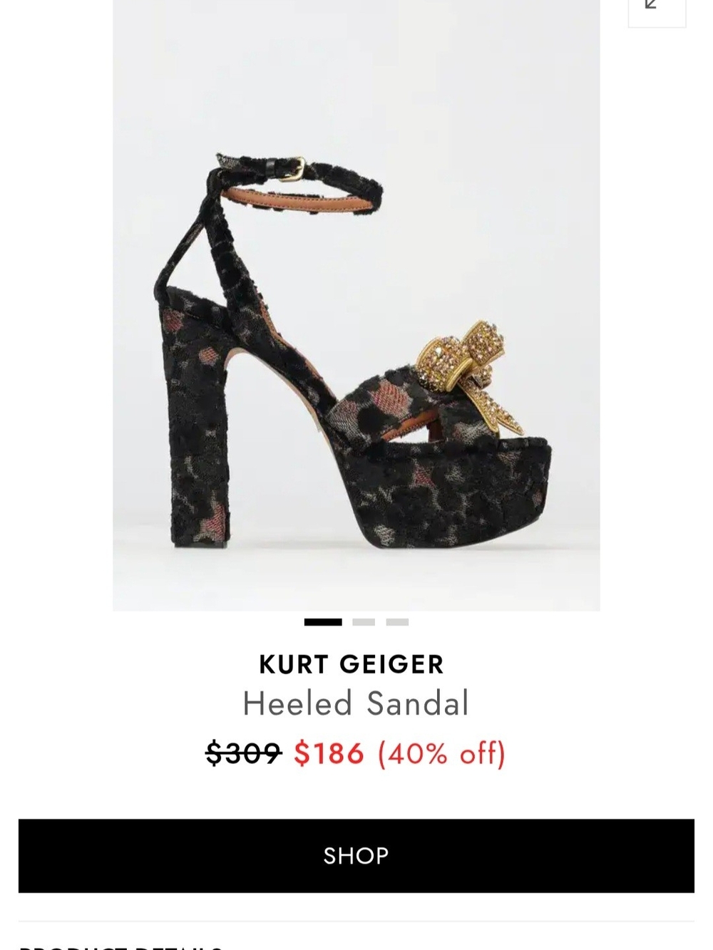 Kurt Geiger Black Velvet Platform Sandals w/Gold Crystal Bows Women's Sz 37 & 41 - Picture 9 of 10